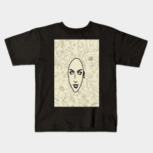 Beige and black floral line art minimalist abstract mid century modern art Kids T-Shirt